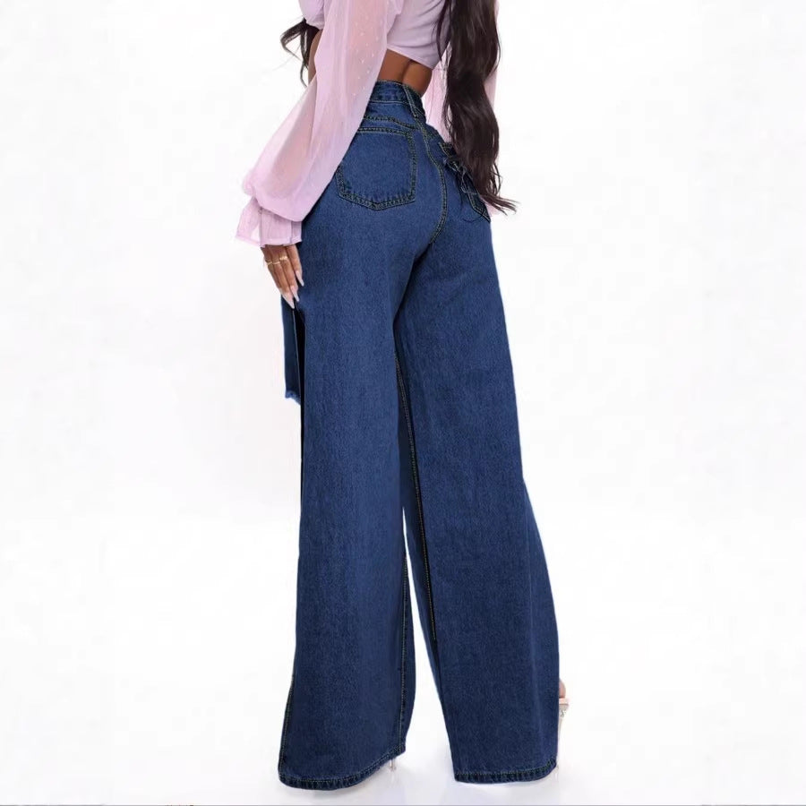 Women's High-Waisted Wide-Leg Jeans with Side Thigh Slits and Knee Rips Fashion Glam