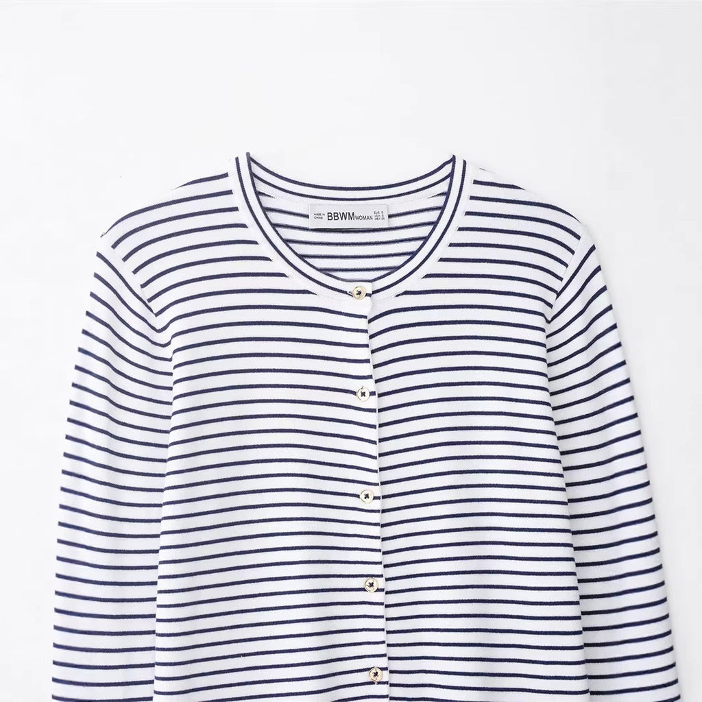 Women's fine knit cardigan with nautical striped pattern, round neckline and mother-of-pearl button placket Fashion Glam