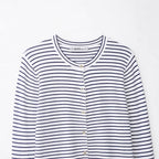 Women's fine knit cardigan with nautical striped pattern, round neckline and mother-of-pearl button placket Fashion Glam