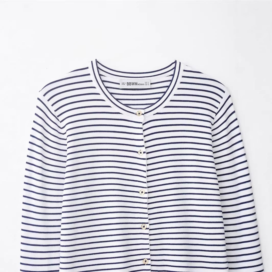 Women's fine knit cardigan with nautical striped pattern, round neckline and mother-of-pearl button placket Fashion Glam