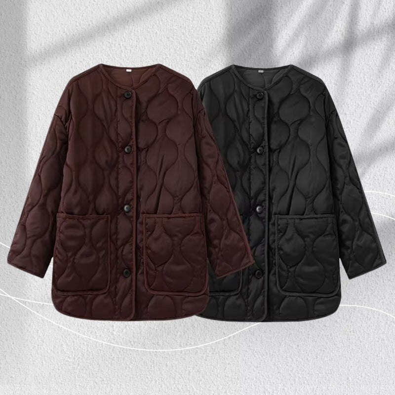 Women Longline Quilted Jacket with Round Neck, Button Placket and Patch Pockets Fashion Glam