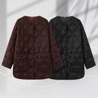 Women Longline Quilted Jacket with Round Neck, Button Placket and Patch Pockets Fashion Glam
