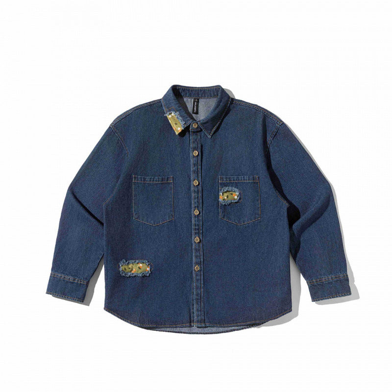 Unisex Boxy Denim Shirt Jacket with Decorative Destroy Applications and Oversized Silhouette Fashion Glam