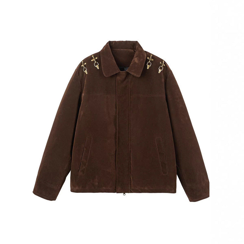 Men's short jacket made of suede look with decorative shoulder buckles and concealed zipper Fashion Glam
