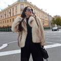 Women's short boxy faux fur jacket with voluminous shawl collar and striped look Fashion Glam
