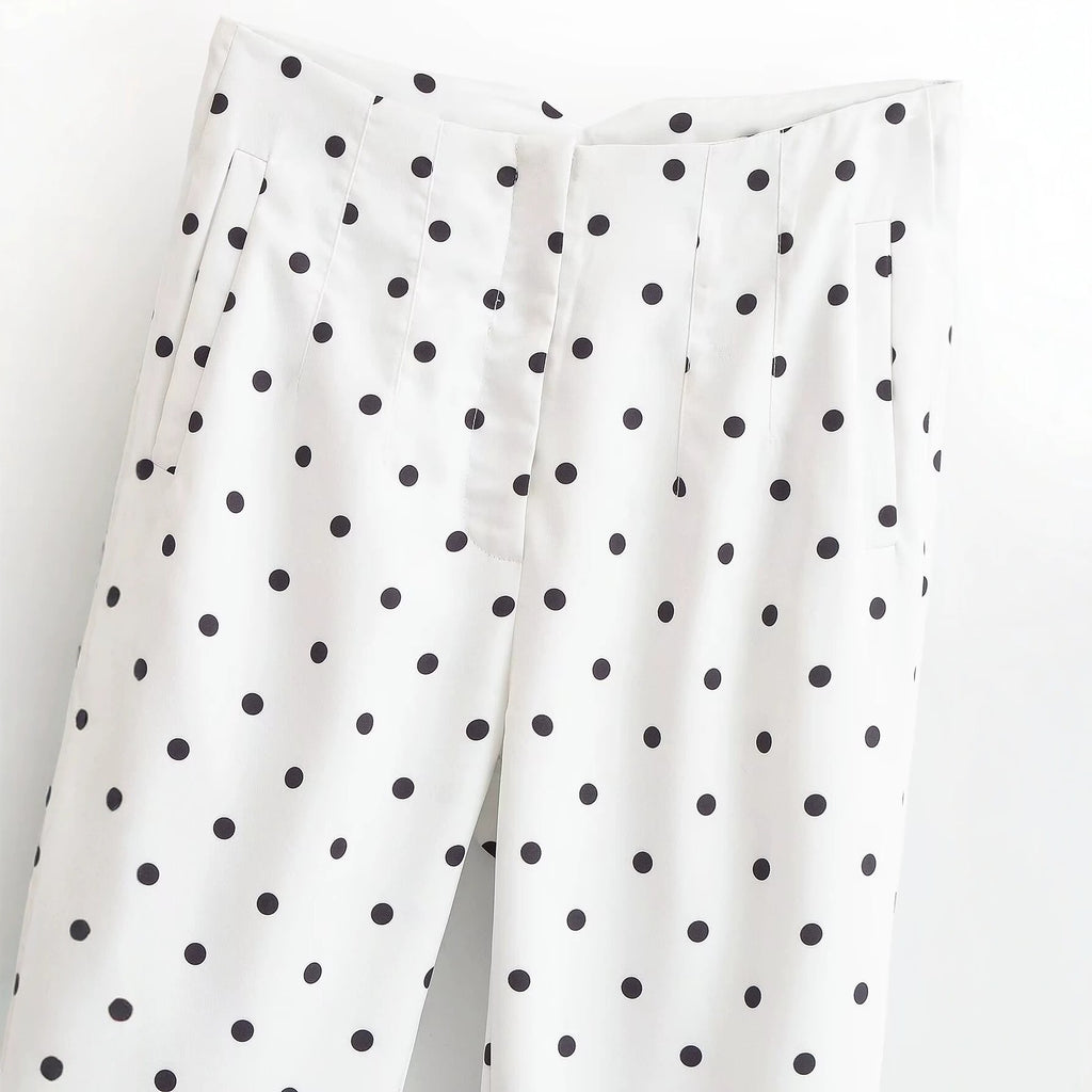 Women's high-waisted tapered fabric pants with polka dot print and elegant waistband processing Fashion Glam