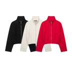 Women's Short Stand Collar Bomber Jacket with Zipper and Fitted Cuffs Fashion Glam
