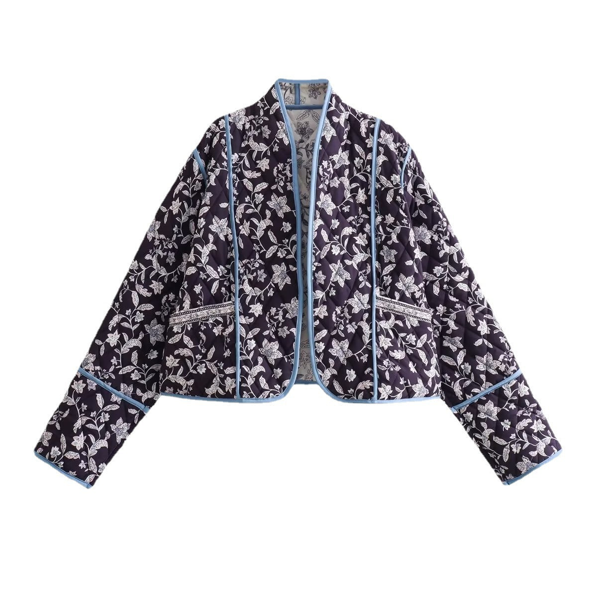 Women's quilted short jacket in kimono style with floral quilted look and contrasting piping Fashion Glam