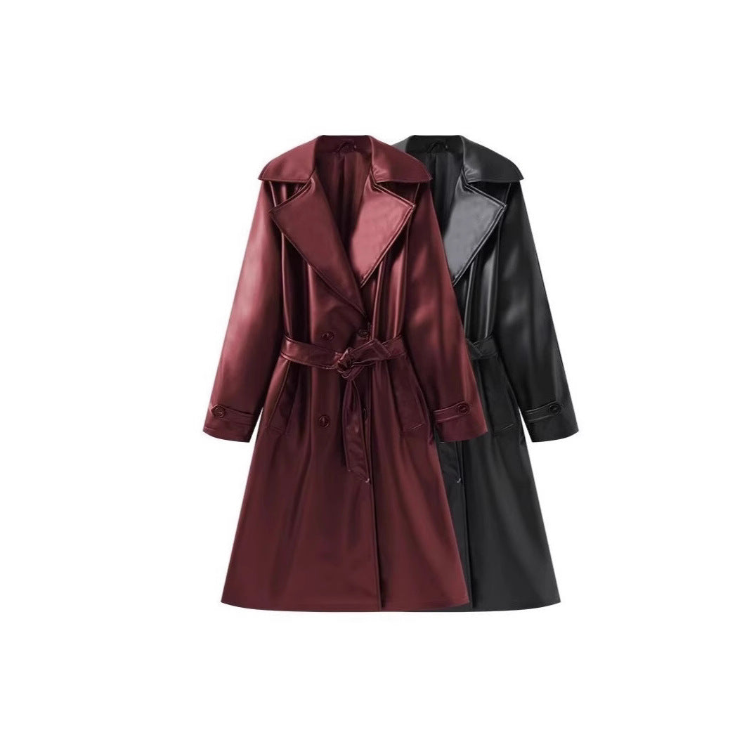 Women's Long Shiny Trench Coat Transition Jacket in Leather Look with Waist Belt Fashion Glam