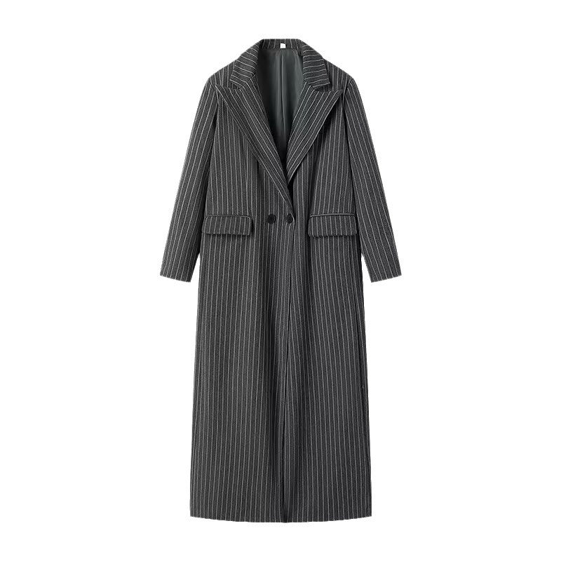 Ladies Longline Coat with Pinstripes and Double-Breasted Button Placket Fashion Glam