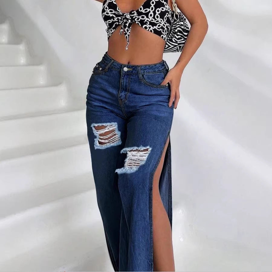Women's High-Waisted Wide-Leg Jeans with Side Thigh Slits and Knee Rips Fashion Glam