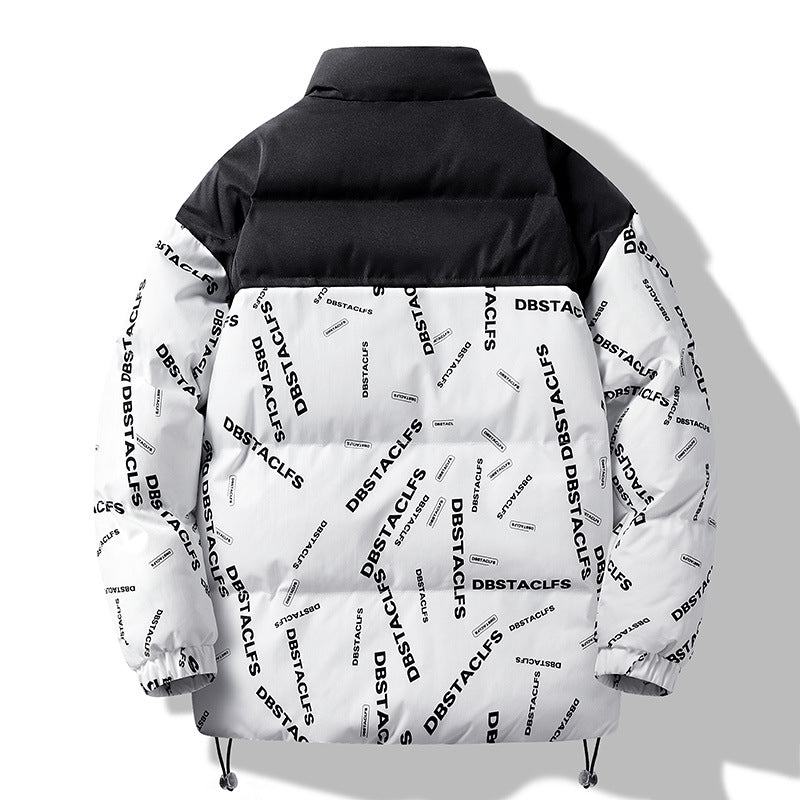 Men's Padded Quilted Jacket with Graphic Text Print, Stand Collar and Adjustable Hem Fashion Glam
