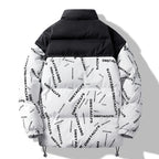 Men's Padded Quilted Jacket with Graphic Text Print, Stand Collar and Adjustable Hem Fashion Glam