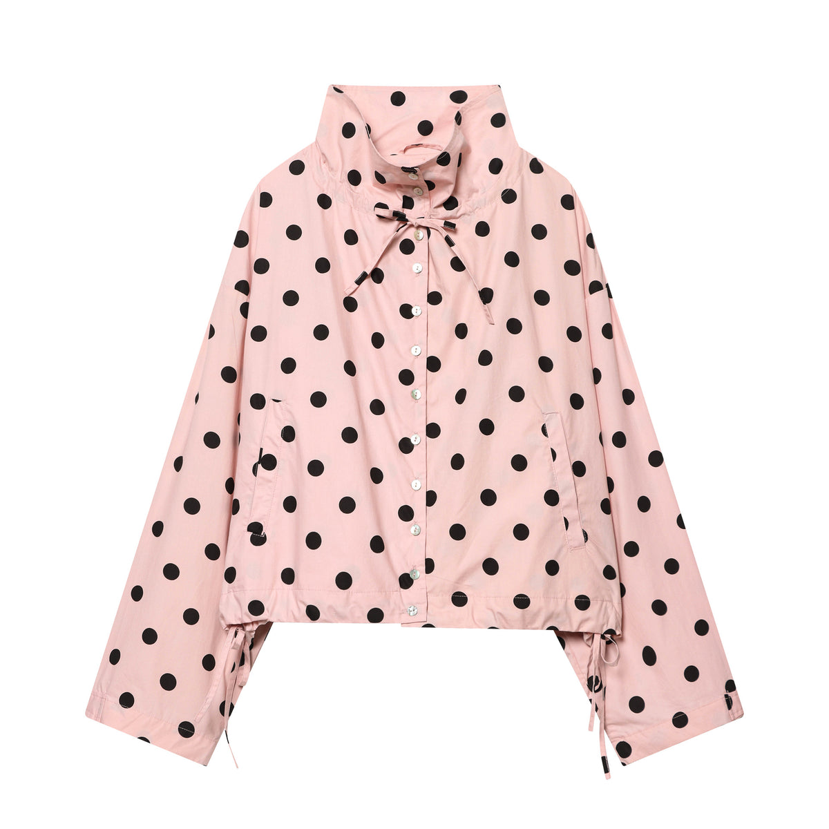 Women's Polka Dot Cropped Blouson Jacket with High Stand Collar, Drawstring and Button Placket Fashion Glam