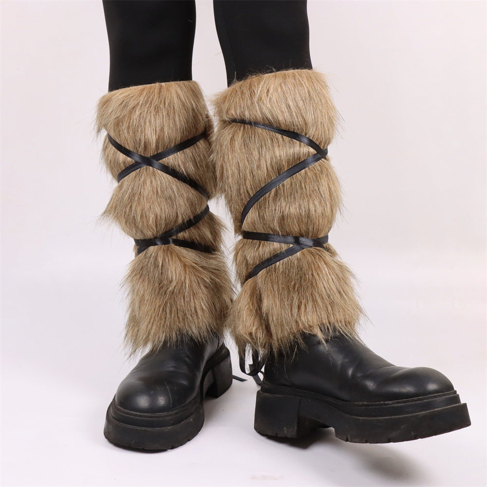 Ladies high-pile leg warmers with faux fur look and wrap straps Fashion Glam