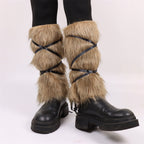 Ladies high-pile leg warmers with faux fur look and wrap straps Fashion Glam