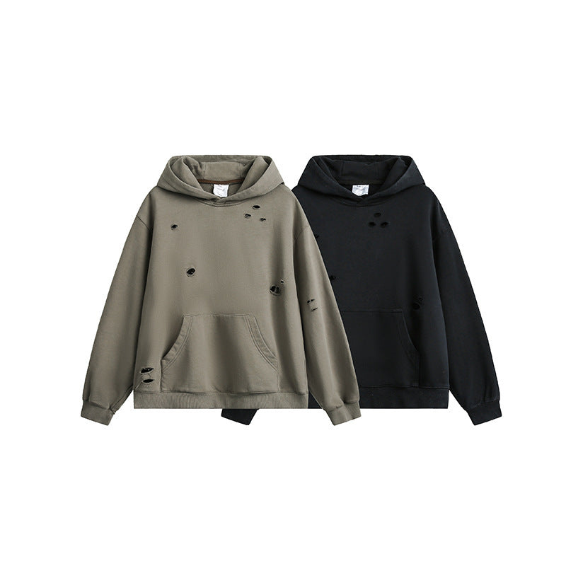 Unisex Oversize Hoodie with Distressed Details, Kangaroo Pocket and Ribbed Cuffs Fashion Glam