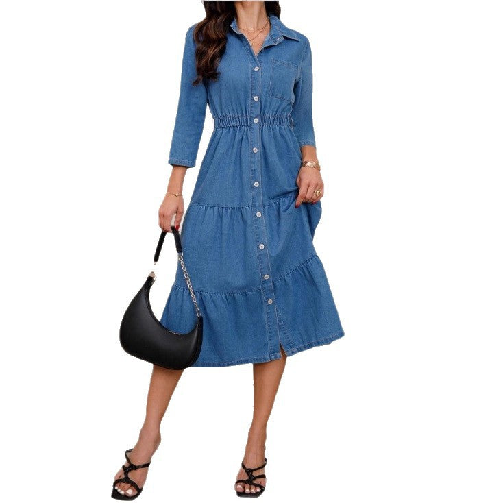 Women's button-down shirt dress made of denim with a waist-defining elastic band, button placket & tiered skirt Fashion Glam