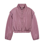 Women Cropped Padded Satin Jacket with High Stand Collar and Waist Smocking Fashion Glam