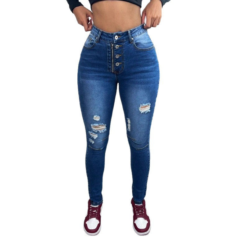 Women's High-Waisted Skinny Jeans with Multiple Button Placket, Ripped Details and Sculpting Stretch Cut Fashion Glam