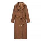 Women Longer Double-Breasted Coat in Velvet Look with Waist Belt and Turn-Up Sleeves Fashion Glam