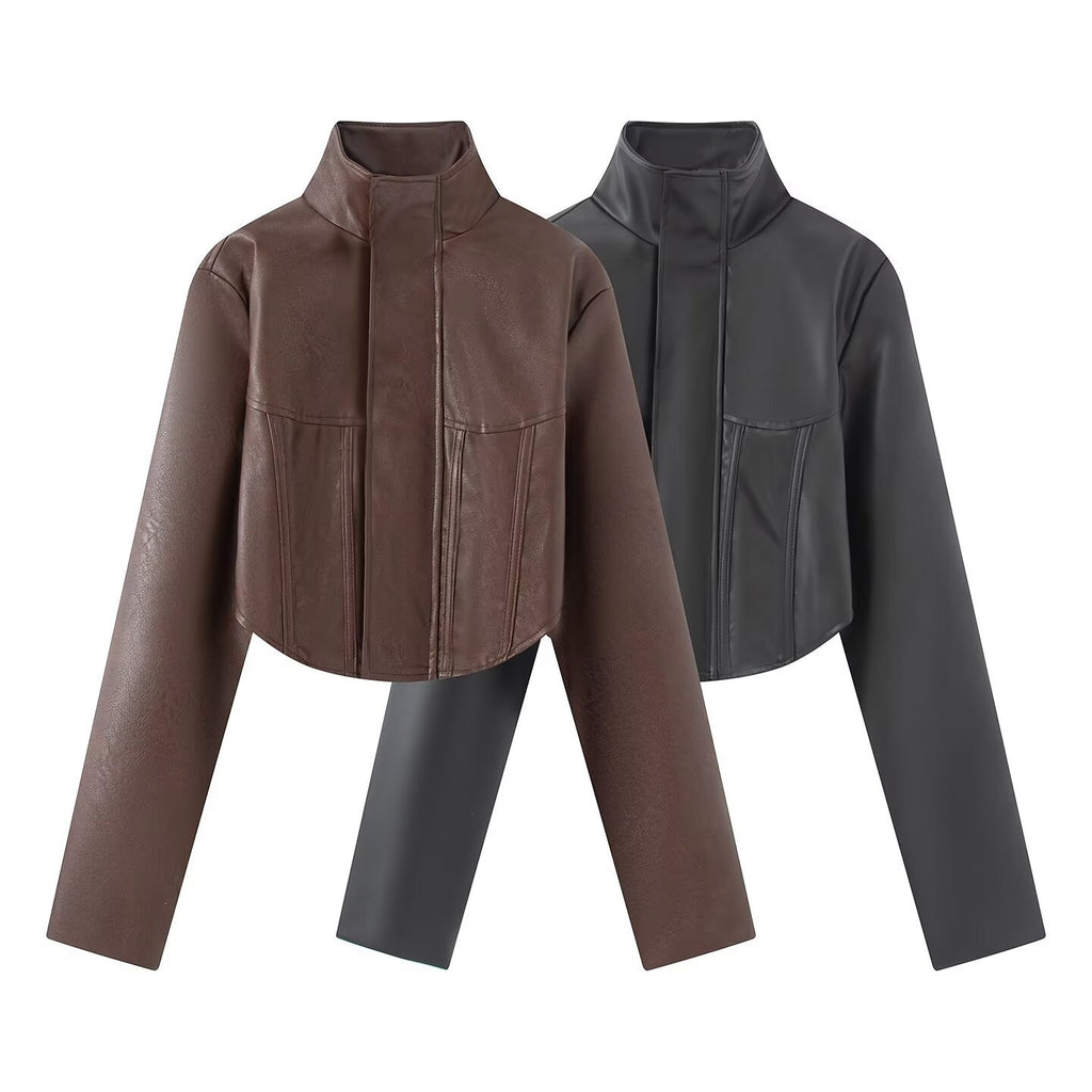 Women's Cropped Faux Leather Jacket with Stand-Up Collar and Tailored Seams Fashion Glam
