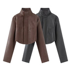 Women's Cropped Faux Leather Jacket with Stand-Up Collar and Tailored Seams Fashion Glam