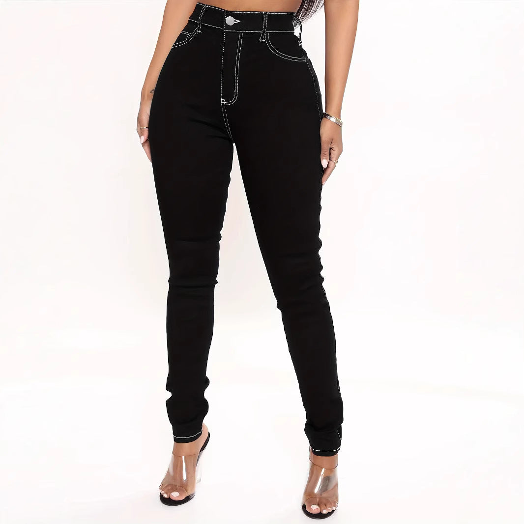 Women's High-Cut Sculpting Skinny Jeans with Contrasted Seam Design and Butterfly Embroidery Fashion Glam