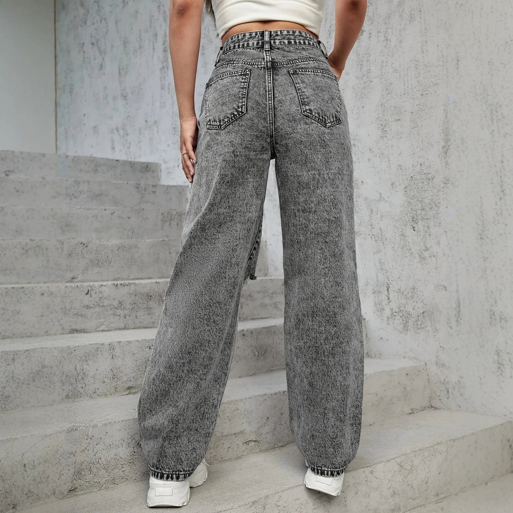 Ladies High-Waist Destroyed Wide-Leg Jeans with Knee Cutouts Fashion Glam