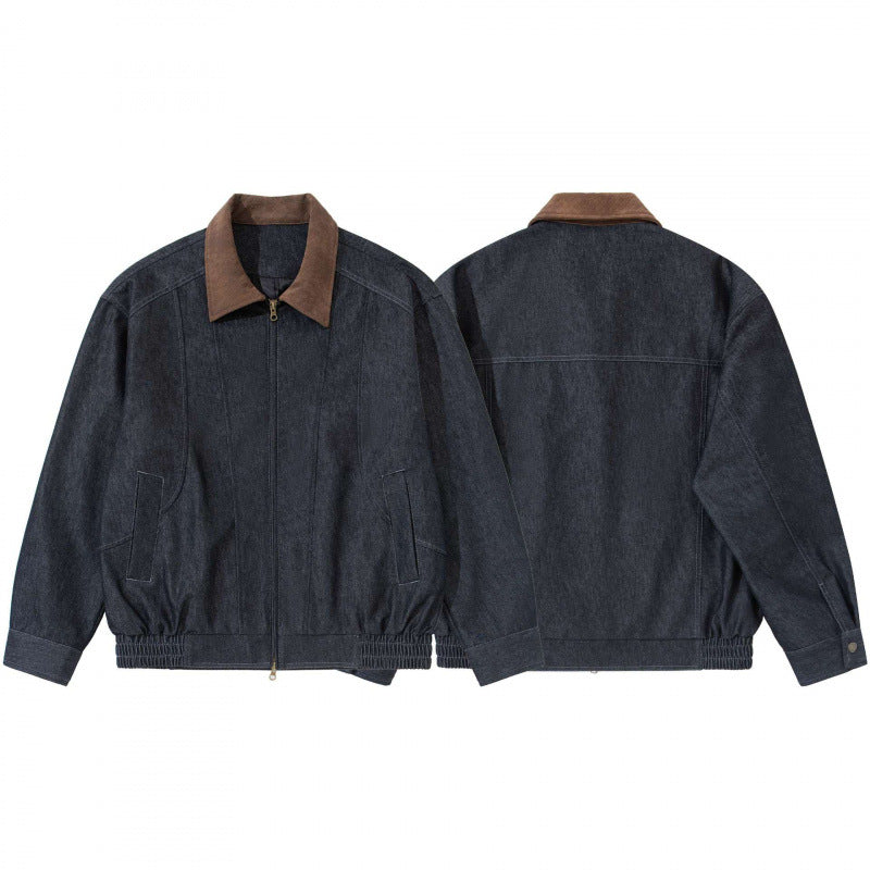 Men's Relaxed Bomber Denim Jacket with Cord Collar and Two-Way Zipper Fashion Glam