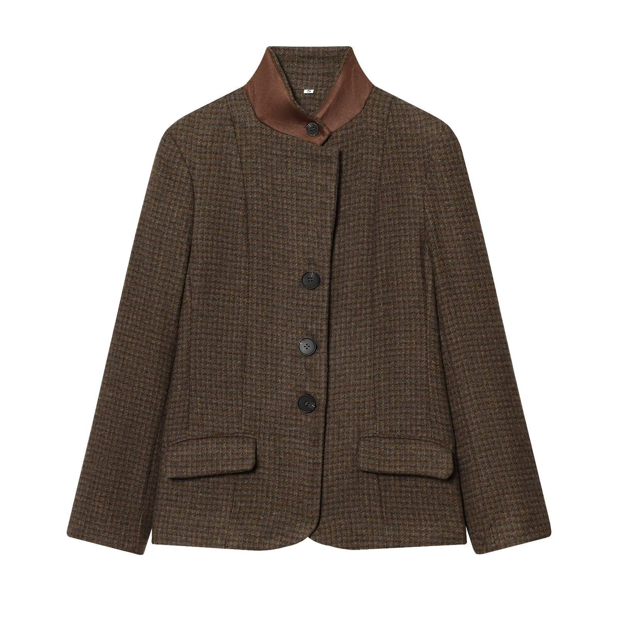 Women Short Tweed Blazer with Standing Collar, Button Placket and Flap Pockets Fashion Glam