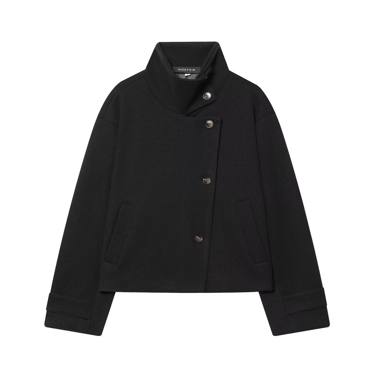 Women's Short Boxy Wool Coat with Asymmetrical Button Placket and Stand-up Collar Fashion Glam