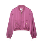 Women's cropped satin bomber jacket with ribbed hem and applied flap pockets Fashion Glam