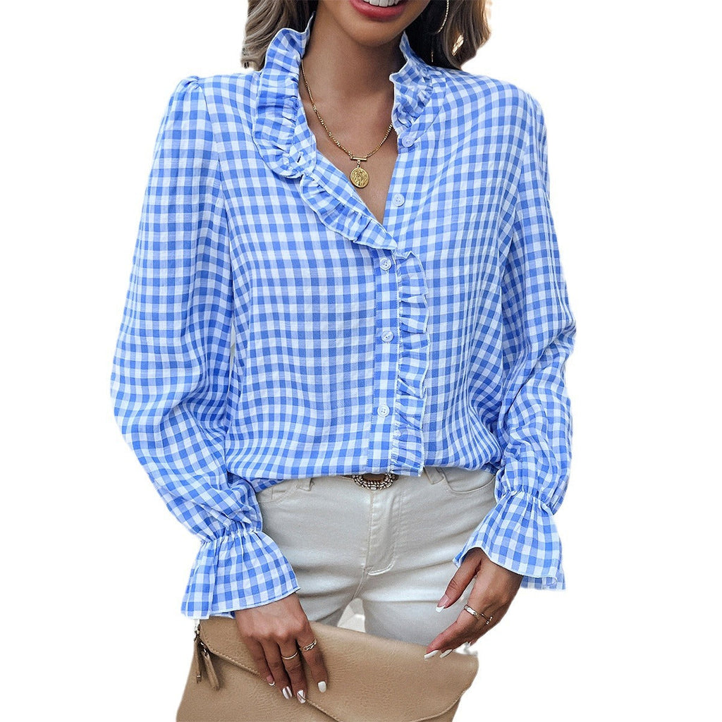 Women's checked blouse with ruffle details and button placket Fashion Glam