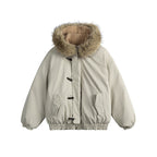 Unisex Padded Hooded Jacket in Boxy Cut with Teddy Lining, Faux Fur Collar and Toggle Closures Fashion Glam