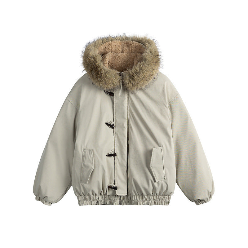 Unisex Padded Hooded Jacket in Boxy Cut with Teddy Lining, Faux Fur Collar and Toggle Closures Fashion Glam