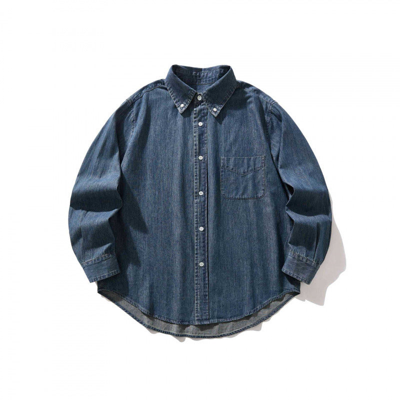 Unisex Oversize Denim Shirt Jacket with Button Collar, Applied Chest Pocket and Rounded Hem Fashion Glam