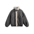 Women's short-cut bomber jacket in lambskin look with high stand-up collar and faux fur trim Fashion Glam