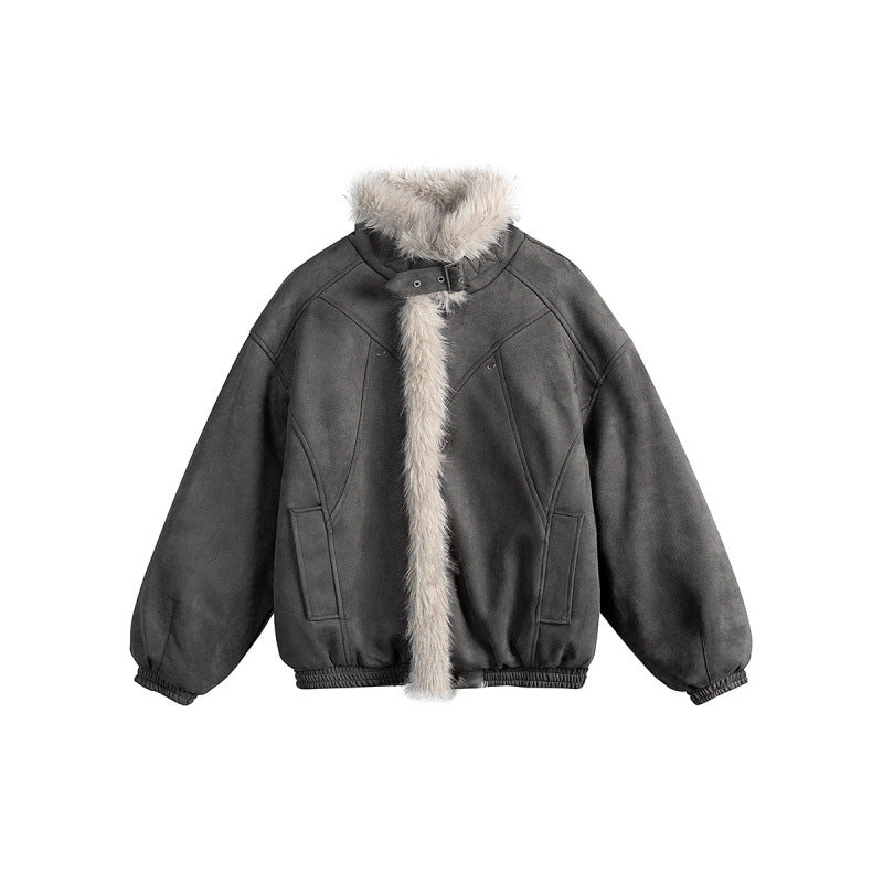 Women's short-cut bomber jacket in lambskin look with high stand-up collar and faux fur trim Fashion Glam