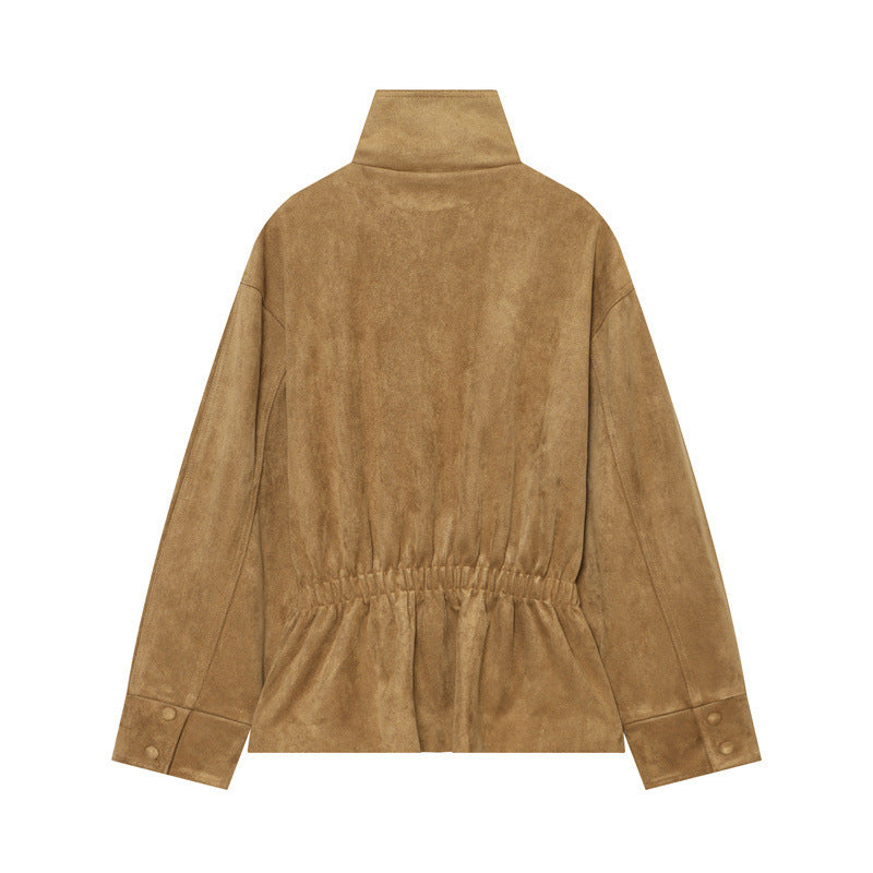 Women's short jacket in boxy cut made of suede look with high stand-up collar and tie belt Fashion Glam