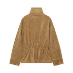 Women's short jacket in boxy cut made of suede look with high stand-up collar and tie belt Fashion Glam