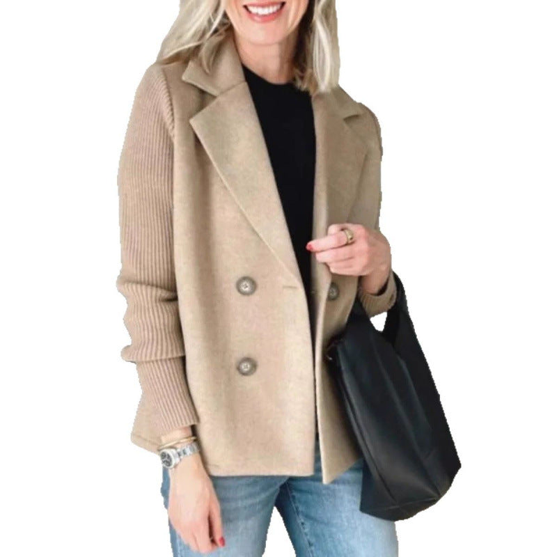 Women's Double-breasted Blazer Vest with Wide Lapels and Ribbed Knit Sleeves Fashion Glam