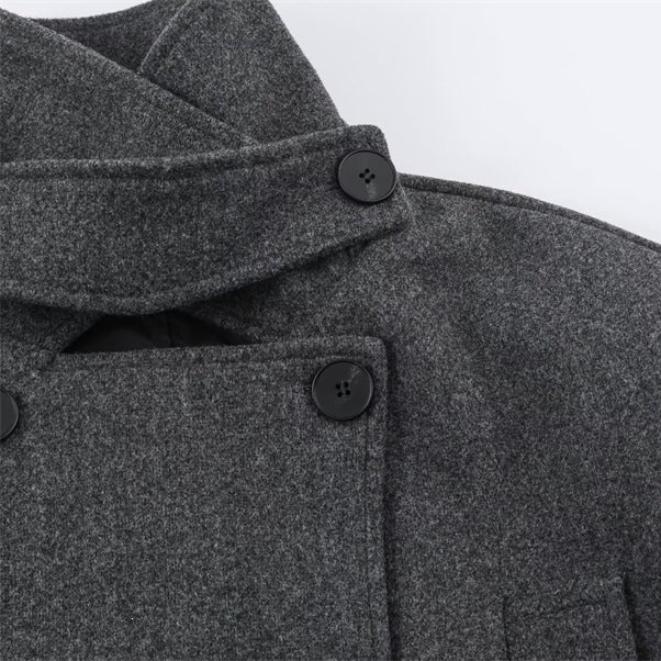Men's short double-breasted wool coat with stand collar and waist belt Fashion Glam