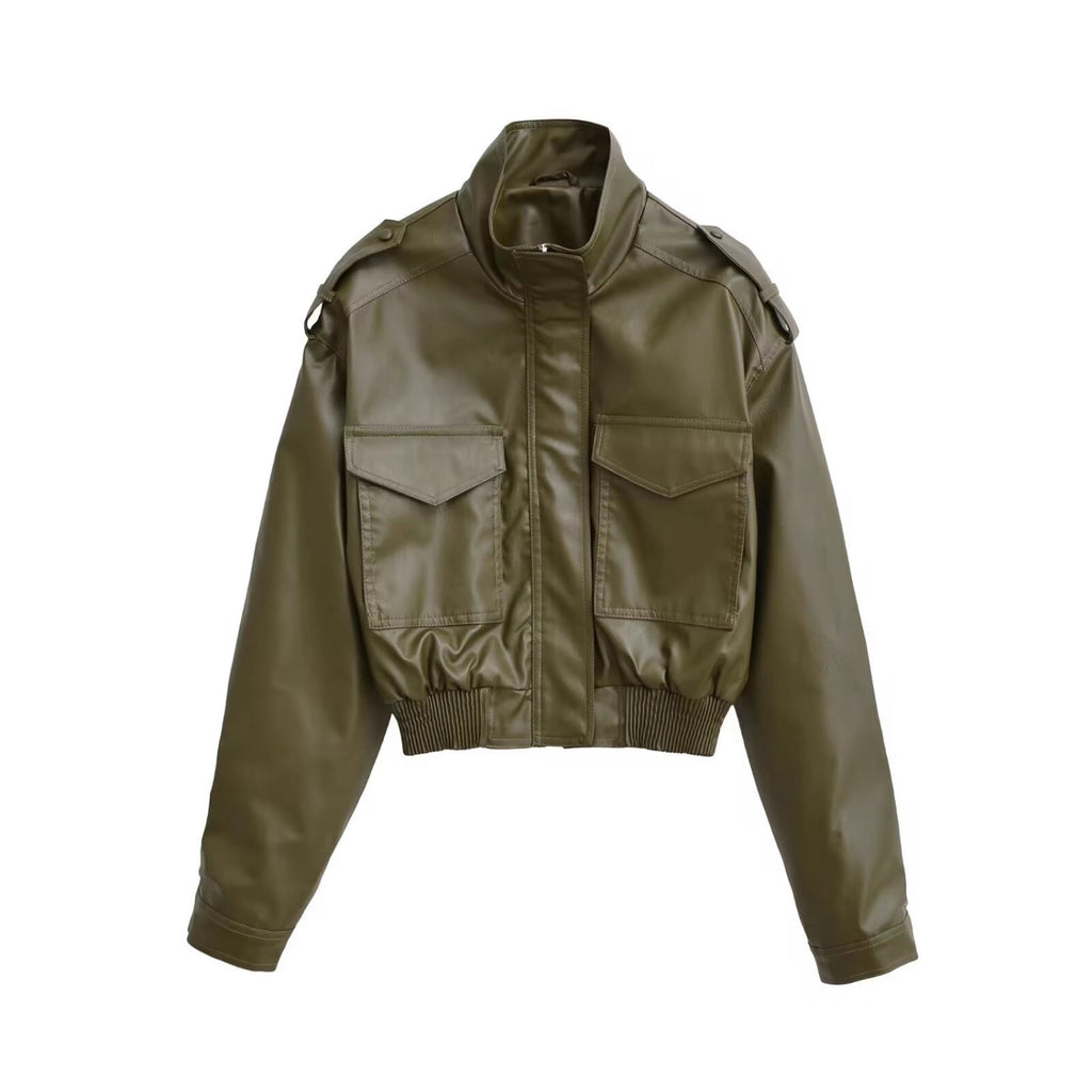 Women's Short PU Leather Bomber Jacket with High Stand-Up Collar, Flap Pockets and Shoulder Epaulettes Fashion Glam