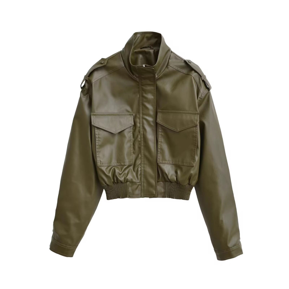 Women's Short PU Leather Bomber Jacket with High Stand-Up Collar, Flap Pockets and Shoulder Epaulettes Fashion Glam