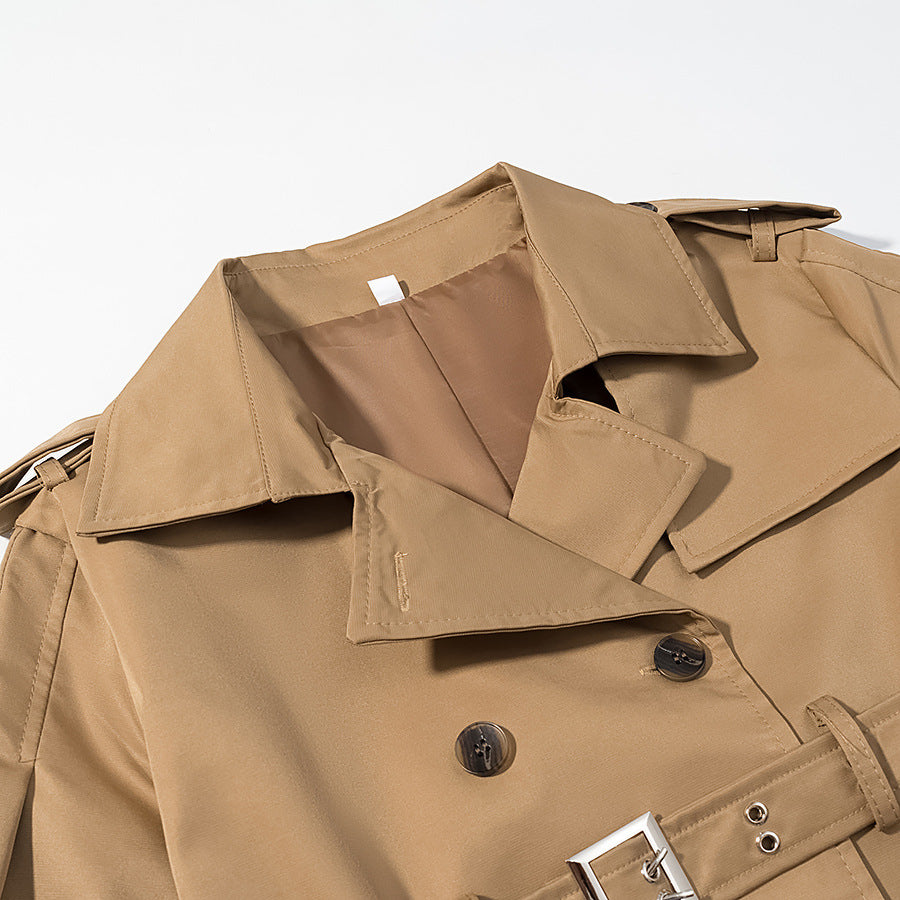 Women's Tailored Double Belt Trench Coat with Oversized Sleeves Fashion Glam