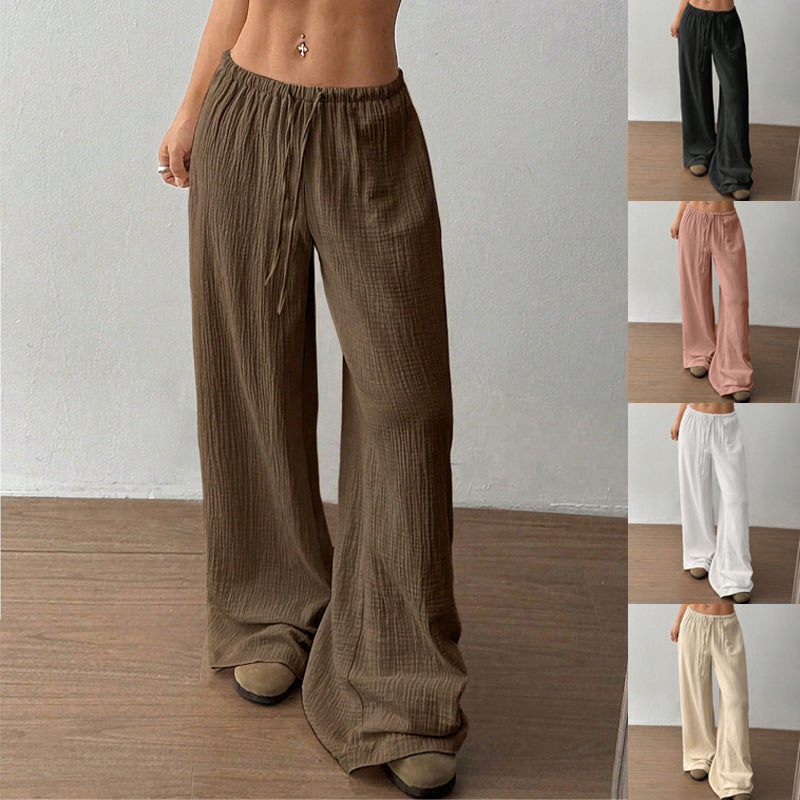 Women Lightweight Linen Look Pants with Wide Leg, Elastic Waistband and Drawstring Fashion Glam