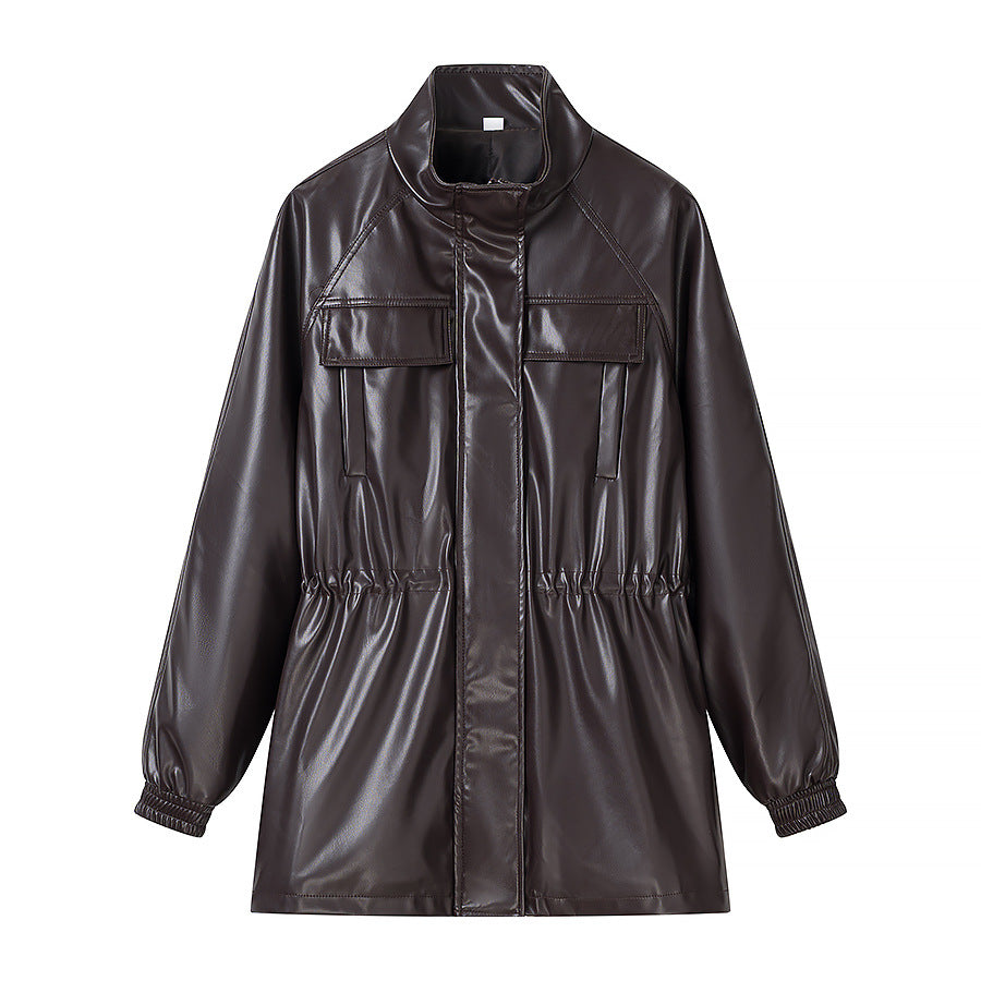 Women's Faux Leather Parka with Drawstring Waist and Chest Pockets Fashion Glam