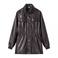 Women's Faux Leather Parka with Drawstring Waist and Chest Pockets Fashion Glam