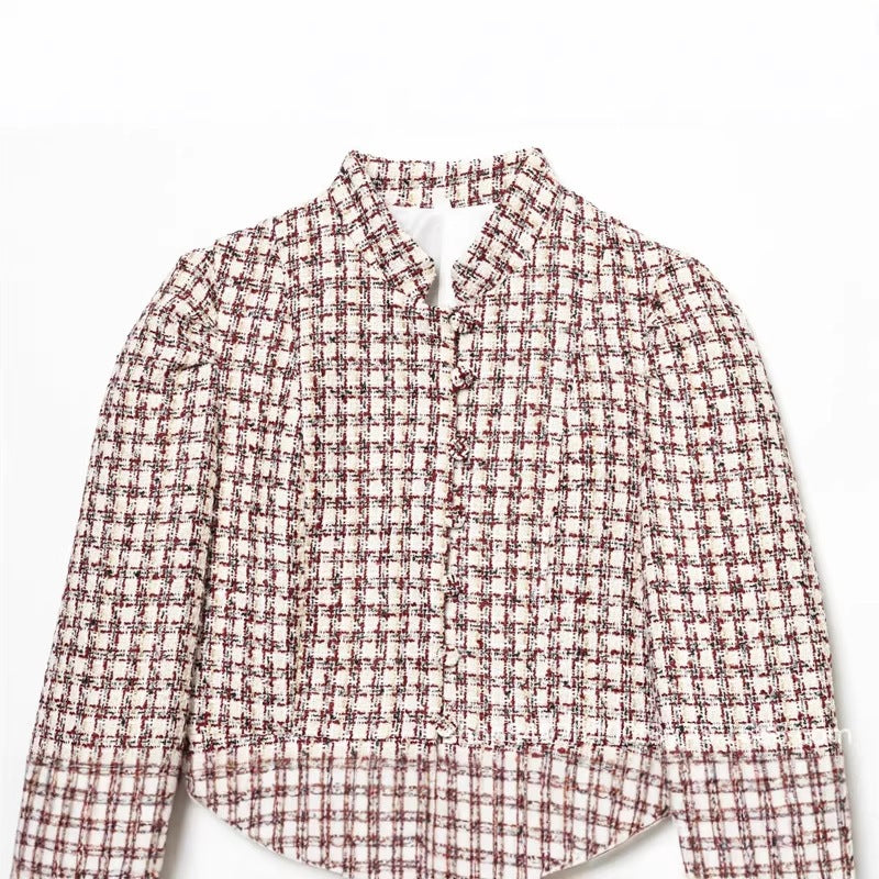 Women's Short Blazer made of Boucle Tweed with Stand-Up Collar and Faux Fur Cuffs Fashion Glam